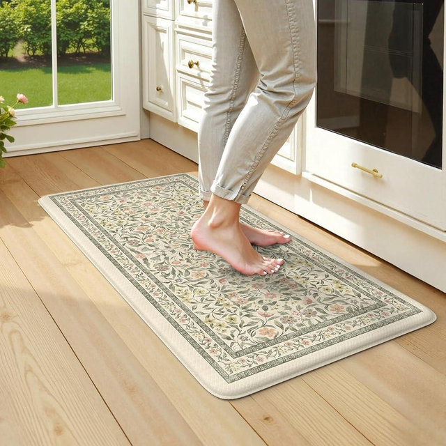 KIMODE Anti Fatigue Kitchen Mats for Floor, Boho Farmhouse Kitchen Rugs 20"x39", Non Slip Kitchen Mats for Floor, Padded Kitchen Floor Mats, Beige Rugs for Kitchen Floor Sink Laundry Office