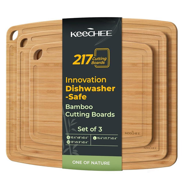 Keechee Dishwasher Safe Bamboo Cutting Boards Durable Lightweight Wood Cutting Board for Busy Kitchen, Easy Clean Wooden Chopping Boards with Juice Groove Set of 3 (L+M+S)