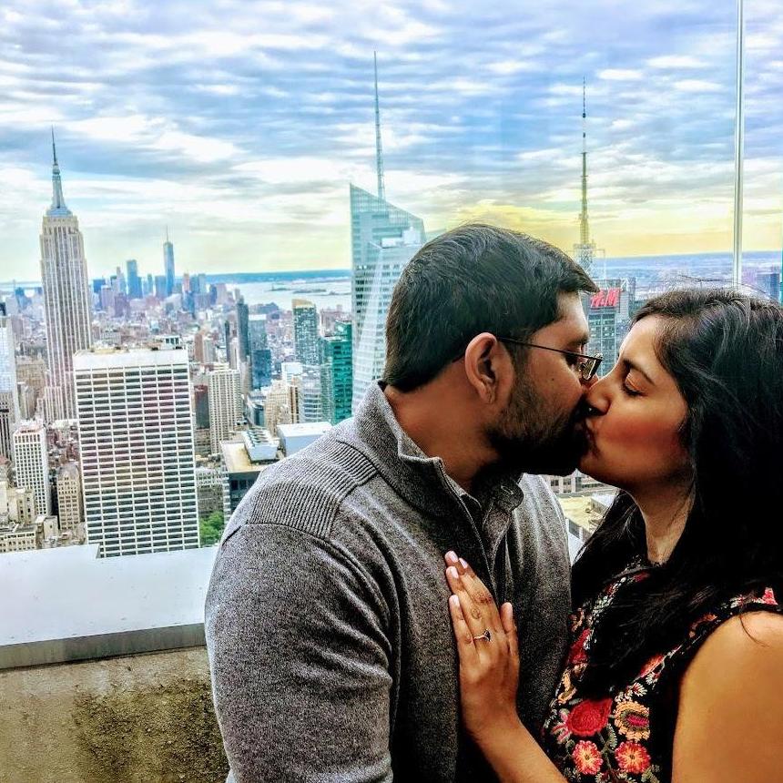 Surprise trip to NYC after our engagement! Punam is thrilled to celebrate her new rock at the Top of 30 Rock!