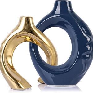 Blue and Gold Ceramic Vases for Home Decor, Boho Vase for Flowers Pampas Grass Decorative, Navy Blue Hollow Donut Small Vase for Living Room Table Wedding Centerpiece Modern Vases