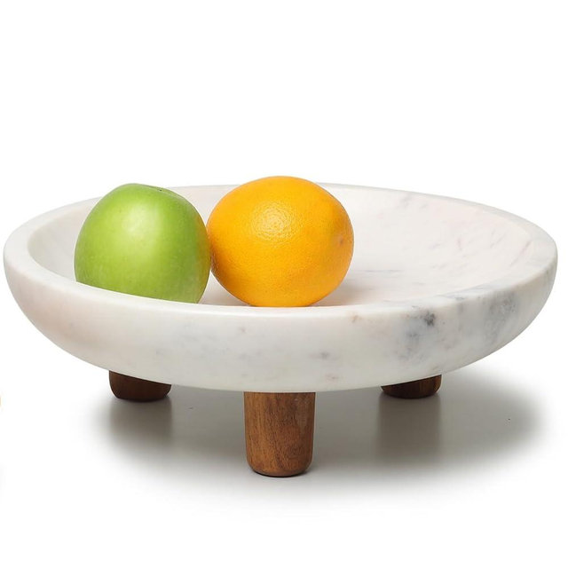 LAVAUK Marble Fruit bowl with three wood legs | 11.8 inch dia footed bowl for kitchen counter | Use as centerpiece for dining table, key bowl for entryway table, or potpurri/decorations (Large)