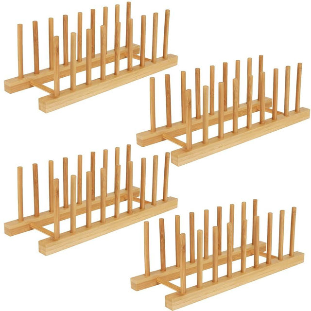 Yuixoseu 4 Pack Bamboo Wooden Dish Drying Rack, Plate Organizer for Cabinet, Plate Rack Pot Lid Holder for Dishs, Bowls, Cups, Cutting Boards and Books, Kitchen Cabinet Organizer
