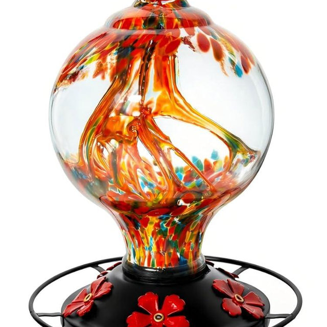 Novoto Hummingbird Feeder for Outdoors Hanging, 34 Oz, Hand Blown Gift Inner Glass Décor for Garden, Ant Moat & Bee-Resistant Ports, Decoration Stained Humming Bird Feeders, Sunset Red