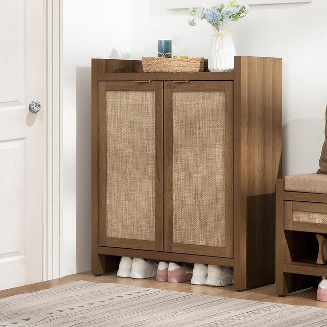 SICOTAS Shoe Cabinet, 24 Pair Shoe Storage Organizer Cabinet, 41" Tall Rattan Shoe Cabinet with Doors and Shelves, 6-Tier Farmhouse Boho Wooden Storage Cabinet for Entryway Hallway Closet Bedroom