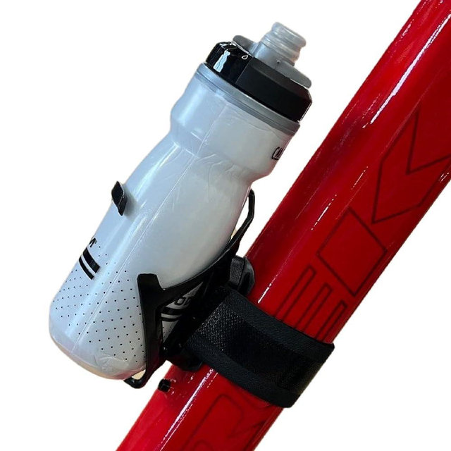 Bikase Side Loader Water Bottle Cage with Anywhere Strap - Works Great with Large Diameter EBIKE Frames - Works with Compact Frames