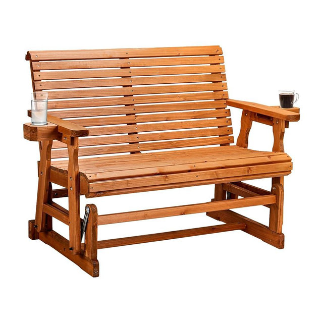 VINGLI Outdoor Glider Wood Patio Chair with Cup Holders, Outdoor Bench Glider Loveseat with Smooth Rocking Mechanism, Heavy Duty 800 LBS