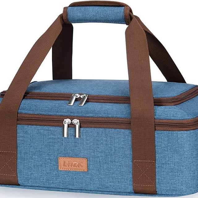 LHZK Double Decker Insulated Casserole Carrier for Hot or Cold Food, Expandable Hot Food Carrier, Lasagna Holder Tote for Potluck Parties, Picnic, Beach, Fits 11 x 15 or 9 x 13 Baking Dish (Blue)