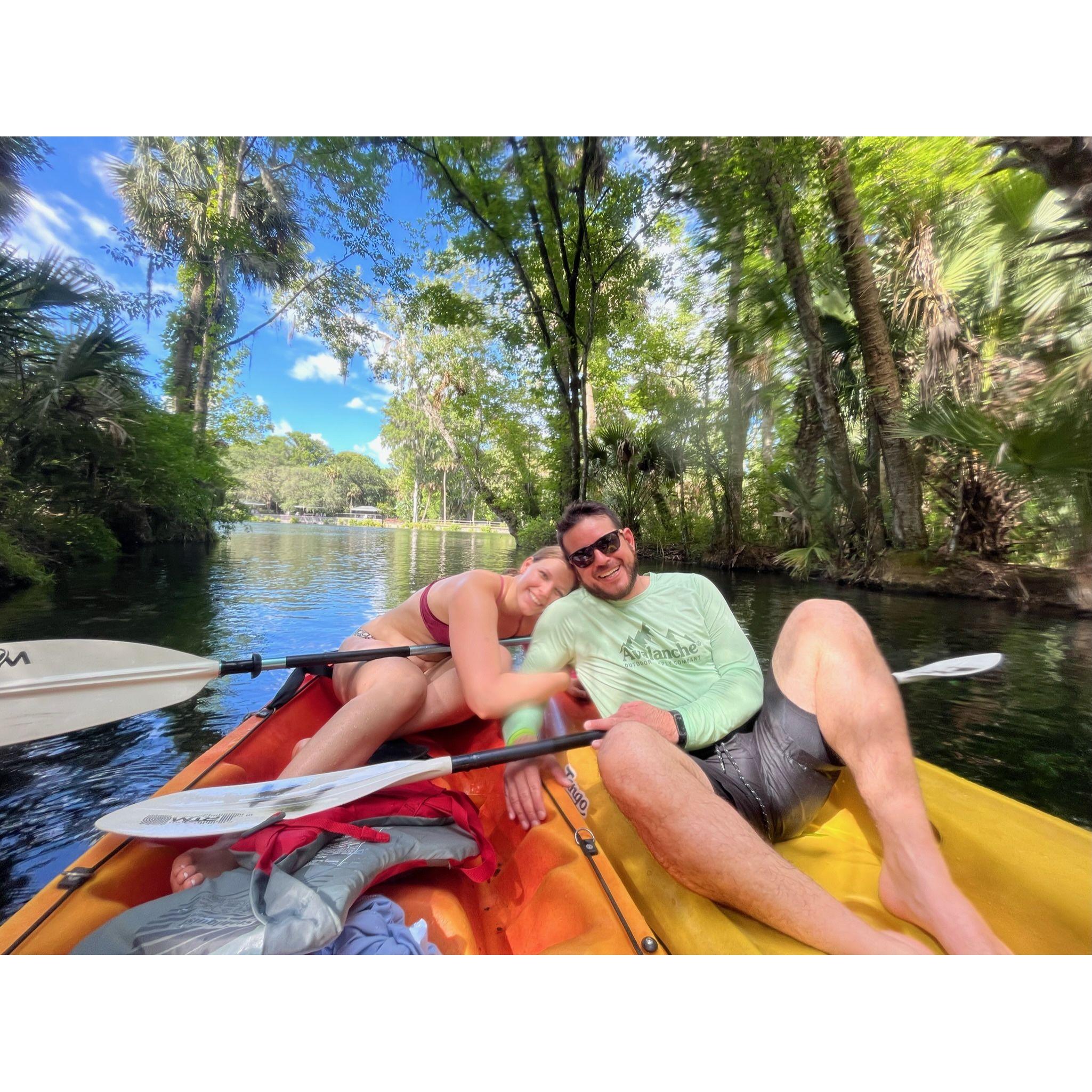 We love kayaking together! This is us at Silver Springs in Florida