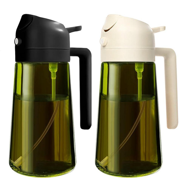 YARRAMATE 16oz/470ml 2PCS Light Blockage Dark Oil Sprayer for Cooking, 2 in 1 Olive Oil Dispenser Bottle for Kitchen, Dark Green Glass Oil Bottle, Food-Grade Oil Mister for Air Fryer (Black & White)