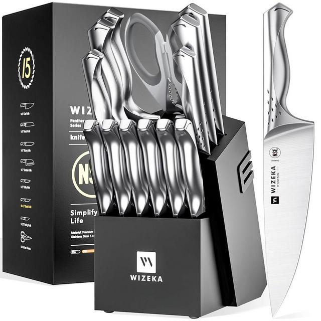 WIZEKA Kitchen Knife Set with Block, Dishwasher Safe 15 Pcs Professional Chef Knife Set with Knife Sharpener, Food Grade German Stainless Steel Knife Block Set, Jaguar Series with Gift Box
