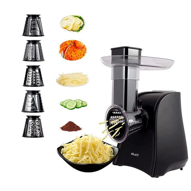 Electric Slicer, ASLATT Electric Cheese Grater for Home Kitchen Use, One-Touch Control Cheese Shredder, Salad Maker Machine for Fruits, Vegetables, Cheese Grater with 5 Attachments, 120V,Black