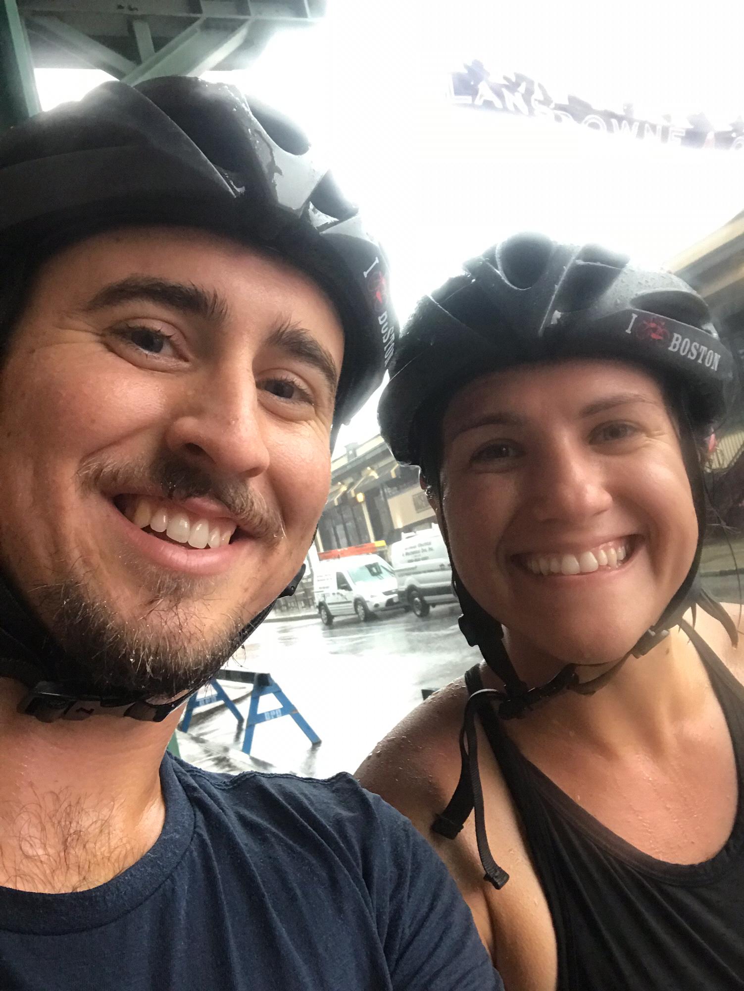 Caught in a rainstorm on our Boston bike tour.