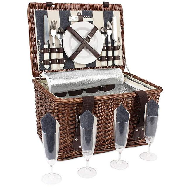 HappyPicnic Willow Picnic Basket Set for 4 Persons, Wicker Picnic Hamper with Insulated Cooler and Cutlery Service, Perfect in Picnicking and Camping, Best Choice for Christmas, Birthday or Wedding