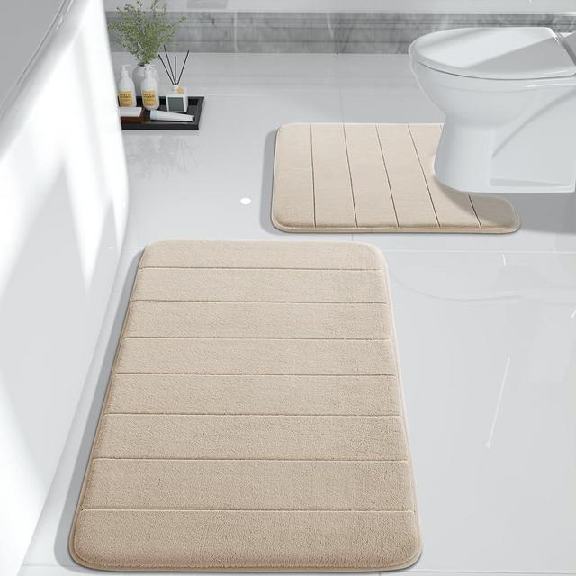 Yimobra Memory Foam Bath Mat Set, 2 Pieces Soft Bathroom Rugs,31.5x19.8 and 24x20.4 U-Shaped for Bathroom Rugs, Toilet Mats, Water Absorption, Non Slip, Thick, Dry Fast for Bathroom Floor Mats, Beige