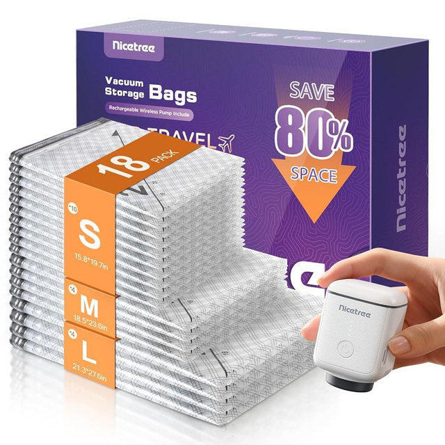Nicetree 18-Pack Vacuum Storage Bags with Rechargeable Cordless Pump | 3 Sizes (20", 24", 28") Travel Vacuum Seal Bags for Clothing, Bedding & Seasonal Storage | Space Saver for Luggage