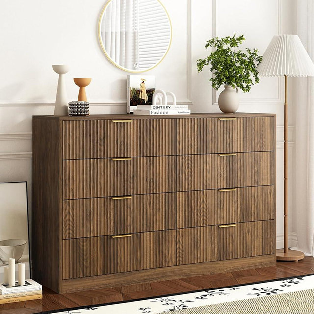 Sscaktu 8 Drawer Dresser for Bedroom, Modern Fluted Double Dresser, 55" Wide Chest of Dressers, Mid Century Wooden Beside Table for Closet, Living Room and Entryway, Natural