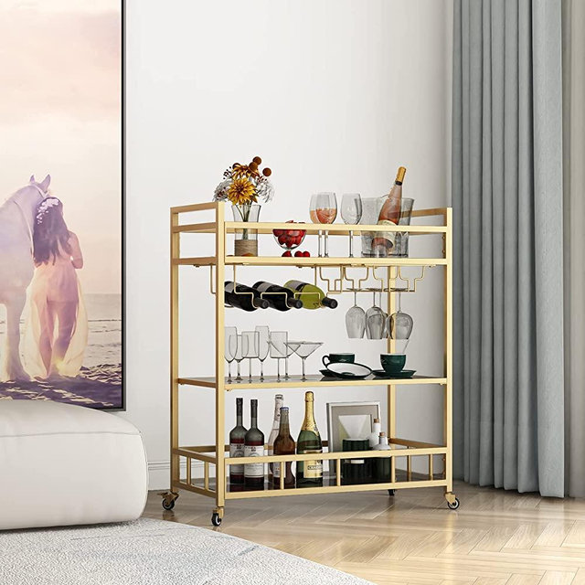 LORMITER Bar Cart Gold with Bottle Storage and Wine Glass, Rolling Serving Bar Cart on Wheels Indoor & Outdoor Bar Carts for Patio, Gold Kitchen Serving Cart for Party(3-Tier)