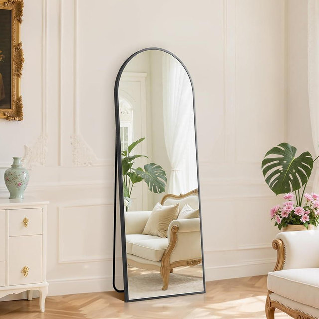 DUMOS 59"x16" Arched Full Length Mirror with Stand, Floor Standing Aluminum Frame, Shatter-Proof Nano Glass for Bedroom, Living Room, Cloakroom – Modern Simple Home Decor,Hanging or Leaning,Black