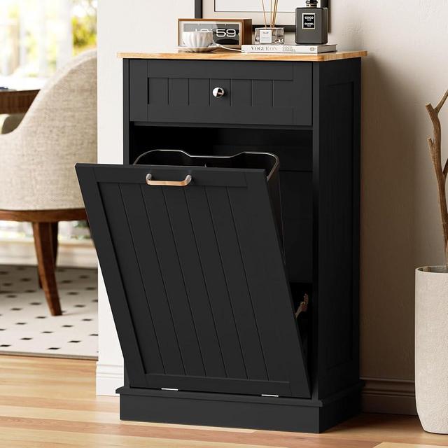 OUTGUAVA 13 Gallon Tilt Out Trash Cabinet Kitchen Waste Bins,50 Quart Laundry Hamper Tilt Out Pet Proof Hidden Trash Bin for Kitchen Living Room,Black