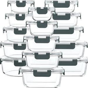 M MCIRCO 30 Pieces Glass Food Storage Containers with Snap Locking Lids,Glass Meal Prep Containers Set - Airtight Lunch Containers, Microwave, Oven, Freezer and Dishwasher