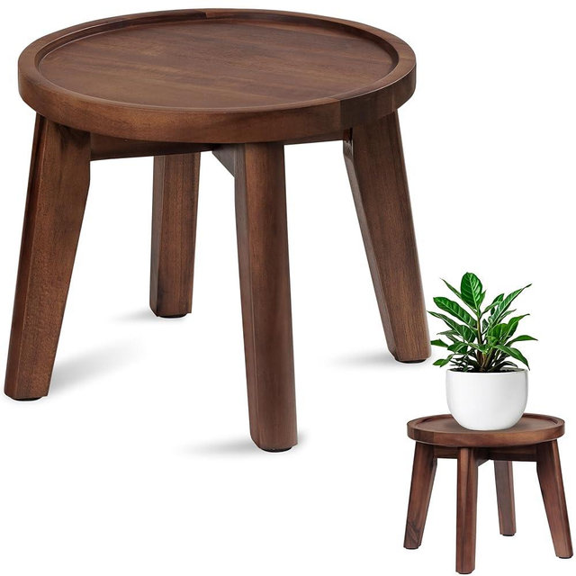 Demigo Indoor Plant Stand, Acacia Wooden Decorative Plant Shelf with Spill-Proof Tray, Stable 8” Tall Flower Holder for Heavy Pots, Gardening Display for Decor Living Room Patio - Dark Brown