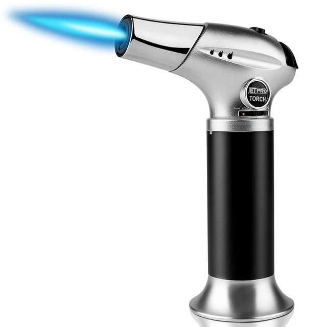 JETPRO Butane Torch, Kitchen Torch Lighter, Cooking Refillable Torch with Adjustable Flame and Safety Lock for Desserts, BBQ, Kitchen (Butane Gas Not Included) (sliver)