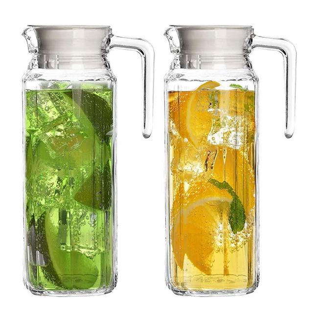 Glass Pitcher with Lid – Set of 2 34Oz Glass Water Pitcher – Clear Cold Brew Pitcher for Water, Lemonade, Iced Tea, Coffee – Elegant and Modern – Practical Spout Pitchers for Drinks