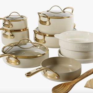 Bloomhouse 15 Piece Pots and Pans Heavy Duty Aluminum Premium PFA Free Ceramic Nonstick Dutch Oven Pot with Lid - Linen White with Gold Handle & Reviews | Perigold