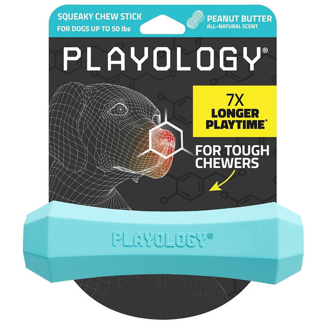 Playology Dog Toys | Squeaky Chew Stick for Dogs | Peanut Butter Scented Medium Fetch Toy | Squeaky Dog Chew Toys