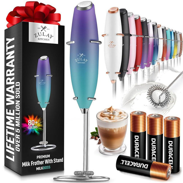 Zulay Kitchen Powerful Milk Frother Wand With 4 AA Duracell Batteries - Ultra Fast Handheld Drink Mixer - Electric Whisk Foam Maker for Coffee, Lattes, Cappuccino, Matcha & Creamer