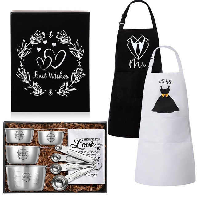 Funnymoom 12 Pcs Couple Wedding Gifts 2025 Bridal Shower, Wedding, Couple Engagement Gifts, Mr and Mrs Gifts, Kitchen Cooking Gift Box Sets with Measuring Cup and Spoon Set, Apron, Waffle Dish Towel