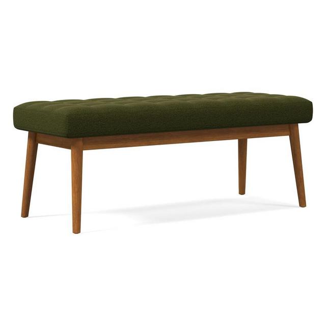 Midcentury Upholstered Bench, Poly, Distressed Velvet, Tarragon, Acorn
