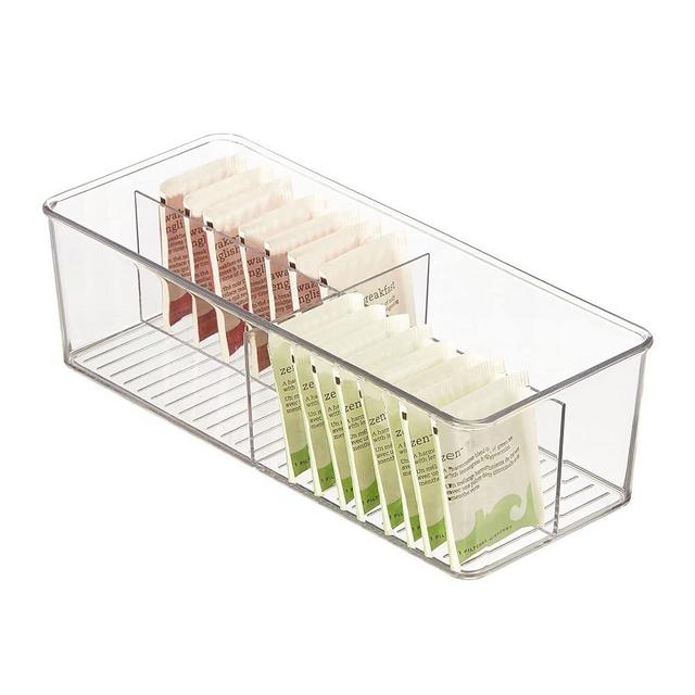 mDesign Plastic Kitchen Cabinet Storage Organizer Bin Box - 4 Divided Sections for Pantry Shelves, Countertops, Island, or Cupboard - Holds Snacks, Tea Bags, Spices, Sauces, Ligne Collection, Clear