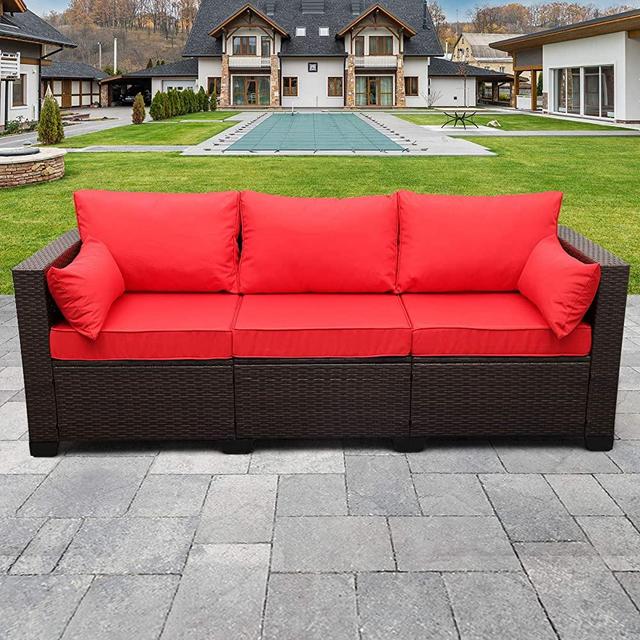 3-Seat Patio PE Rattan Wicker Couch Outdoor Rattan Sofa Furniture Steel Frame with Furniture Cover and Deep Seat High Back, Red Anti-Slip Cushions