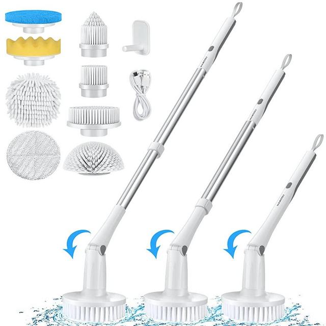 MABOGU Electric Spin Scrubber, Cordless Shower Scrubber with 8 Replaceable Brush Heads, Bathroom Scrubber Dual Speeds, Shower Cleaning Brush with Extension Arm for Bathroom Tub Tile Floor(Grey&White)