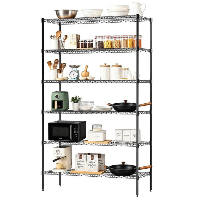FDW 16" D×42" W×72" H Wire Shelving Unit Commercial Metal Shelf with 6 Tier Adjustable Layer Rack Strong Steel for Restaurant Garage Pantry Kitchen Garage，Black