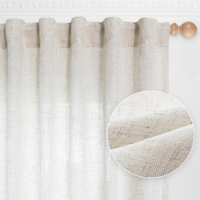 MYSKY HOME Linen Curtains for Sliding Glass Door, Back Tab Semi Sheer Curtain Panels Extra Long Floor Length Drapes Linen Texture Soft Touch Country Curtains, 50x102 Inch, Linen, Set of 2