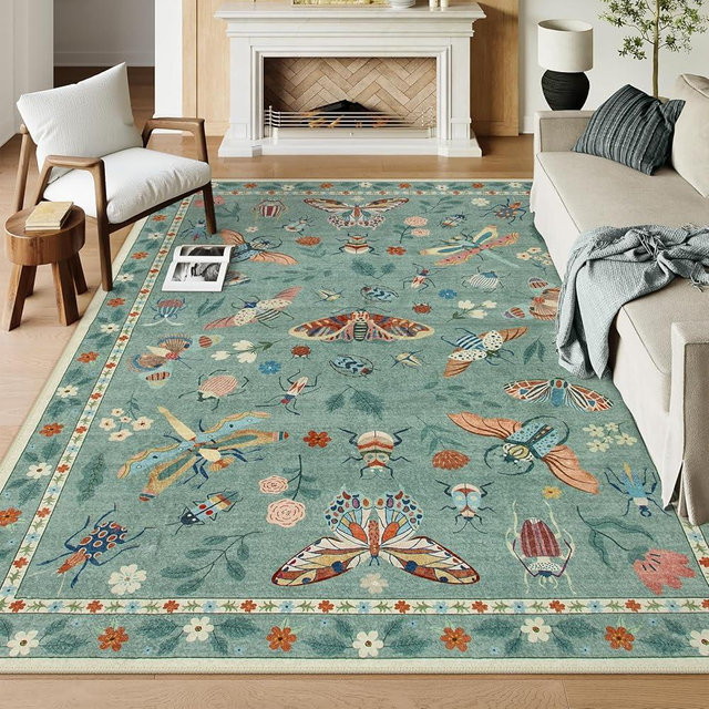 Lahome Insect 8x10 Area Rugs, Soft Washable Rugs 8x10 Living Room Green Rugs for Bedroom Dining Room, Ultra-Thin Modern Rug Stain Resistant Large Carpet for Kids Nursery (8'x10',Green)