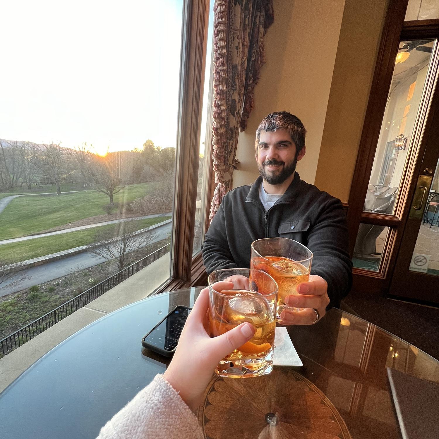 Chloe and Robert always seem to watch the sunset with some food or drink in their hands!