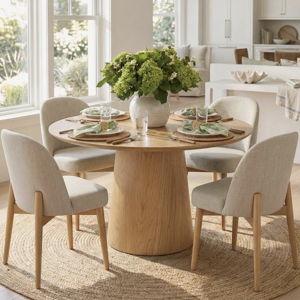 5-Piece Oak Veneer Dining Set with 42" Round Table & 4 Linen Chairs - Beige