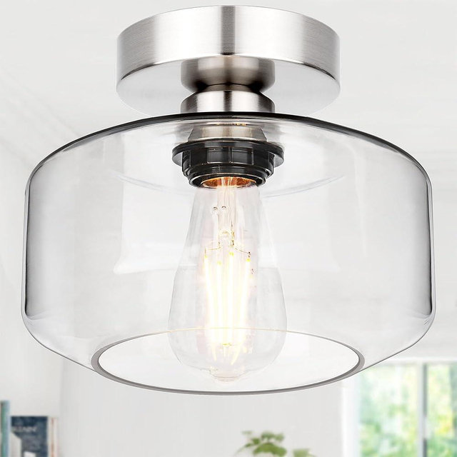 Industrial Semi Flush Mount Ceiling Light Brushed Nickel, 800 Lumen LED Bulb Included, Clear Glass Shade Ceiling Light Fixture, Farmhouse Light Fixture for Hallway Corridor Kitchen Bathroom Bedroom