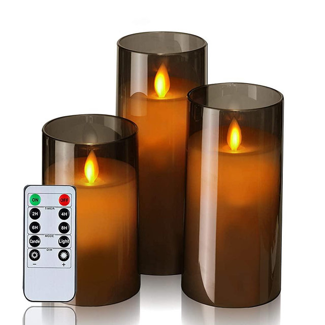 Homemory Gray Flickering Flameless Candles, Battery Operated Acrylic LED Pillar Candles with Remote Control and Timer, Set of 3