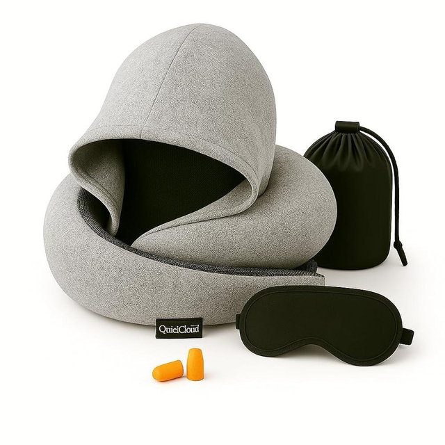 Travel Neck Pillow Hooded Memory Foam 360° Head & Chin Support, Lightweight Breathable Adjustable Fit Travel Neck Pillow with Eye Mask, Earplugs & Carry Bag for Airplanes, Car, Bus, Train & Long Trips