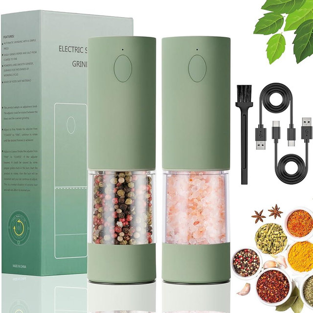 OPIIV 2 Pack Electric Salt and Pepper Grinder Set - USB Rechargeable Automatic Salt Pepper Mill Shaker with LED Light, Adjustable Coarseness, One Hand Operation