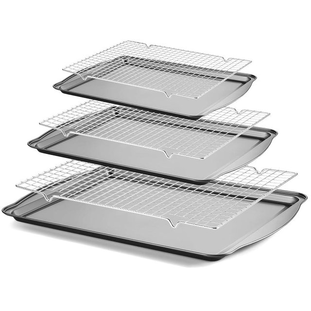 Funnydin Baking Pan Set of 3 - Carbon Steel Baking Sheets with Cooling Racks, 13/15/17 Inch, Nonstick Cookie Sheets for Baking, Rust & Warp Resistant & Stackable, Nontoxic & Heavy Duty & Easy Clean