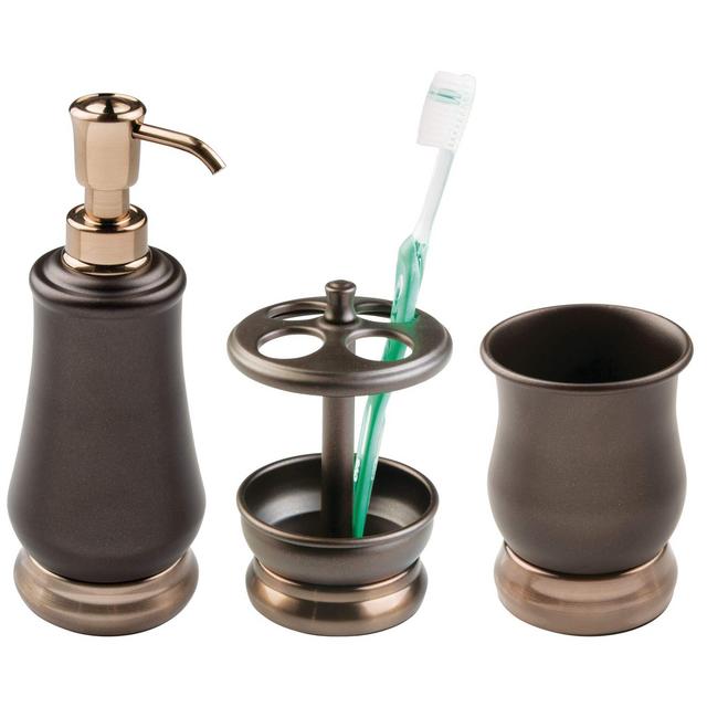 mDesign Metal Bathroom Vanity Countertop Accessory Set - Includes Refillable Soap Dispenser, Divided Toothbrush Stand, Tumbler Rinsing Cup - 3 Pieces - Pearl Bronze/Champagne