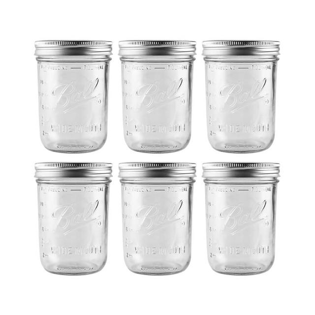 Ball - 16 oz Wide Mouth Glass Mason Jars | 6 Pack Jars with Airtight Lids | Large Glass Jar for Food Storage with Lids | Ideal for Canning, Fermentation, Pickling, Kombucha Brewing