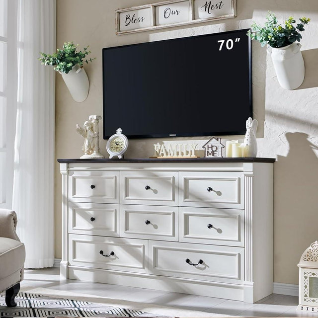 Aitjunz Farmhouse 8 Drawers Dresser for Bedroom, 61" Wide Large Dressers & Chests of Drawers w/Roman Column, Storage Dressers Organizer for Bedroom, Hallway, Living Room, White