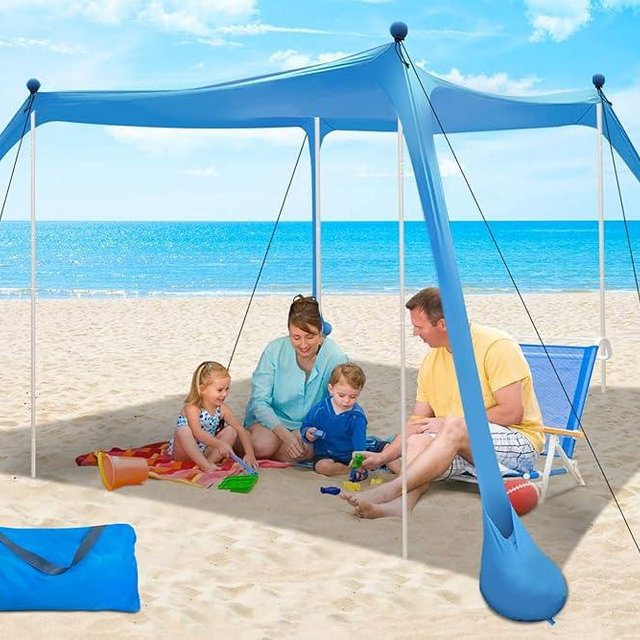 YENGIAM Beach Canopy Beach Tent UPF50+ 11x11 FT Easy to Setup Extra Windproof Rope Sun Shelter Beach Shade Canopy with 4 Stability Poles Outdoor Shade for Beach Camping Family