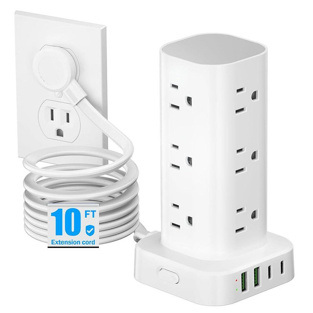 Flat Plug Power Strip Tower Surge Protector, 10FT Flat Extension Cord with Multiple Outlets, 12 AC Outlets, 4 USB Ports (2 USB C) Charging Station for Office Home Dorm Room Travel (White)